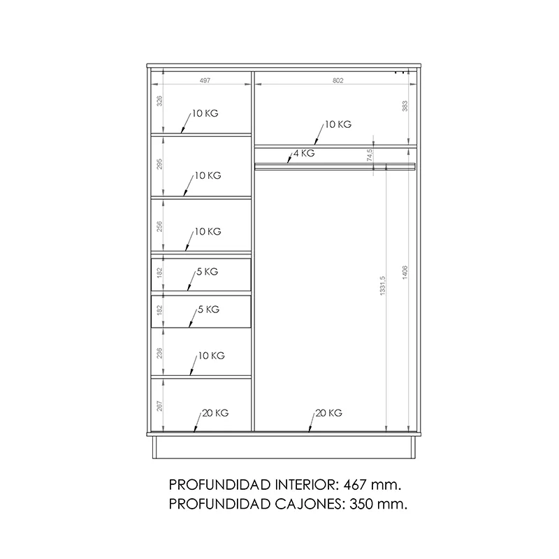 Placard 2 puertas corredizas 1,35Mt blanco-wengue